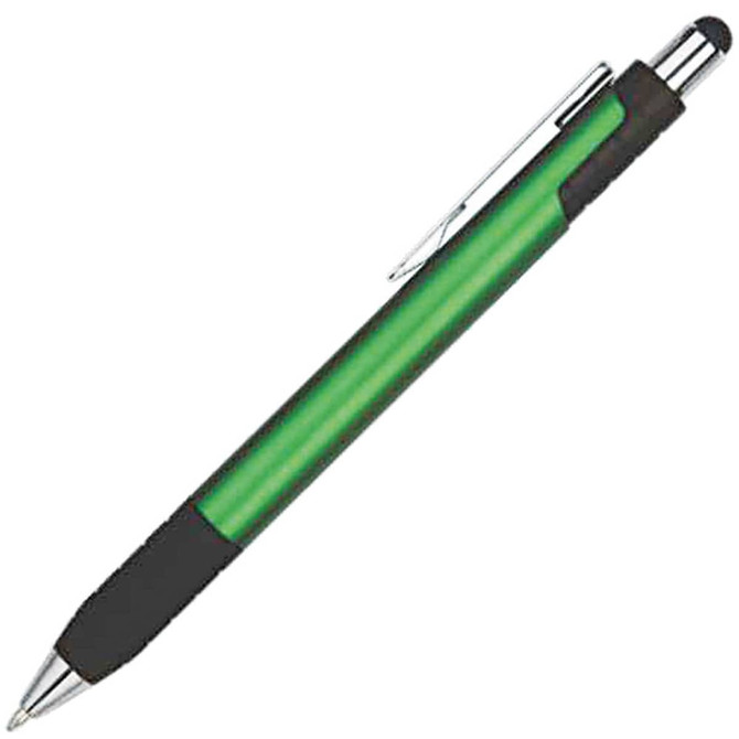 A green stylus pen with a silver tip and black grip. It features a clip and a logo on its body.