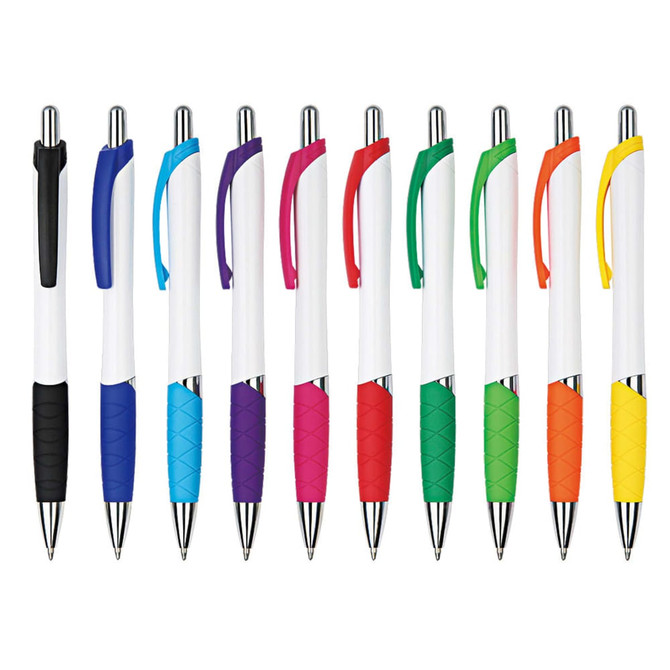 A collection of plastic pens in various colours, featuring a white barrel and textured grips in black, purple, red, green, and yellow.