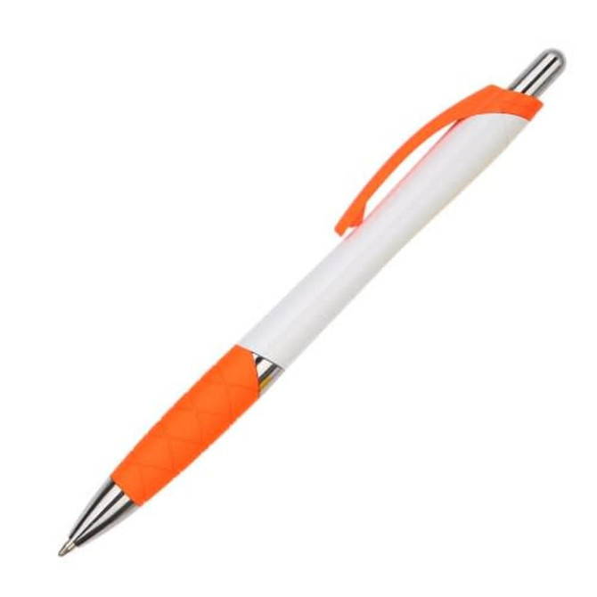 A plastic pen featuring a white body and vibrant orange grip and accents, with a silver clip and nib.