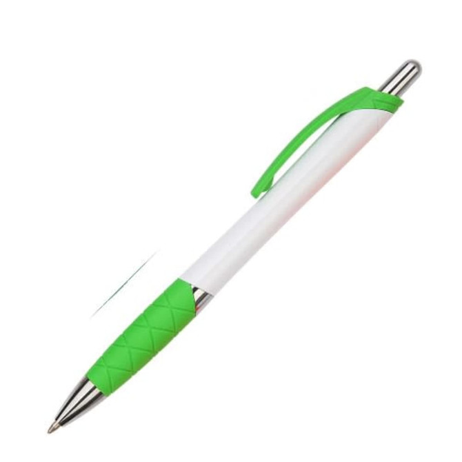 A plastic pen with a green grip and clip, featuring a white barrel and silver tip. It has a logo.