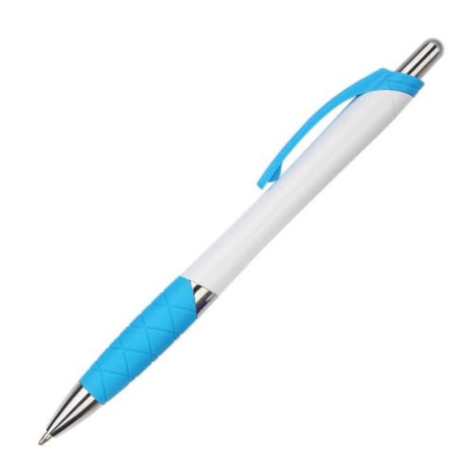 A plastic pen with a white body, blue accents, and a textured grip. It features a clip and a metallic tip.