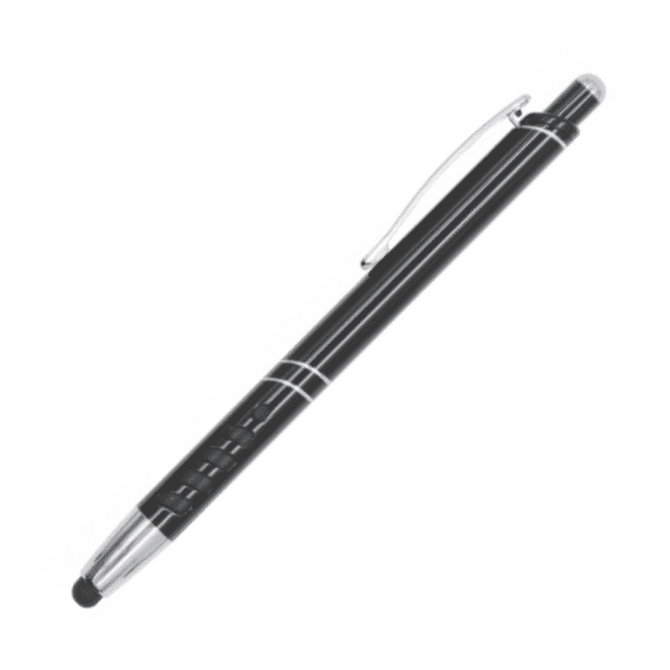 A metal pen in black, featuring a silver clip and detailing, with a stylus tip at one end.
