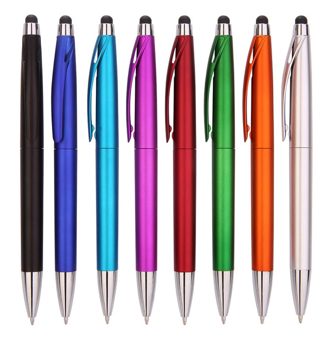 A collection of stylus pens in black, blue, cyan, pink, red, green, orange, and silver, featuring various designs and finishes.