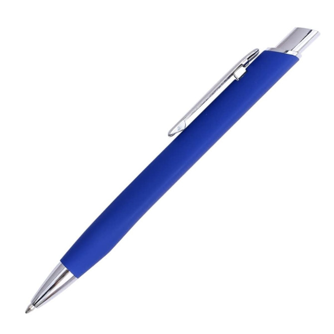 A blue metal pen with a silver clip and a smooth grip. The pen has a sleek design and features a branding logo.