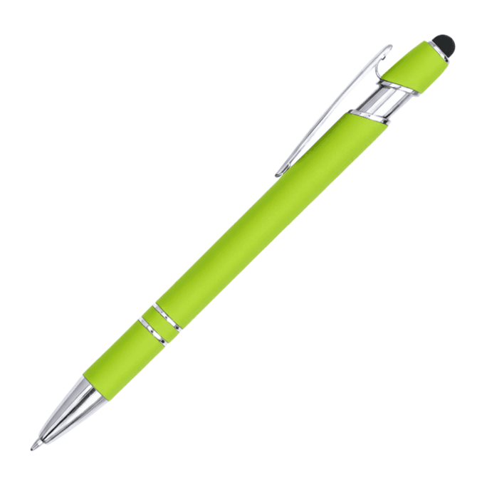 A lime green aluminium stylus pen with a silver clip and tip, featuring a smooth finish and a logo.