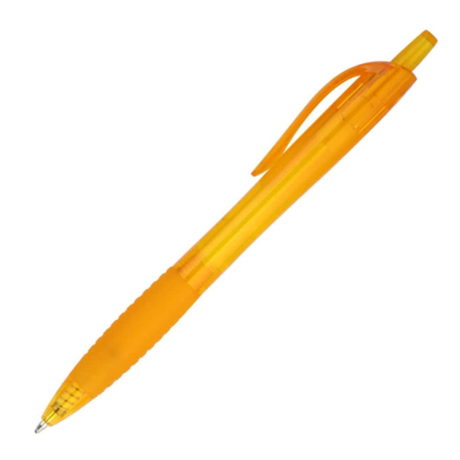 A bright orange plastic pen with a smooth barrel and a clip for easy attachment. It features a logo on the side.