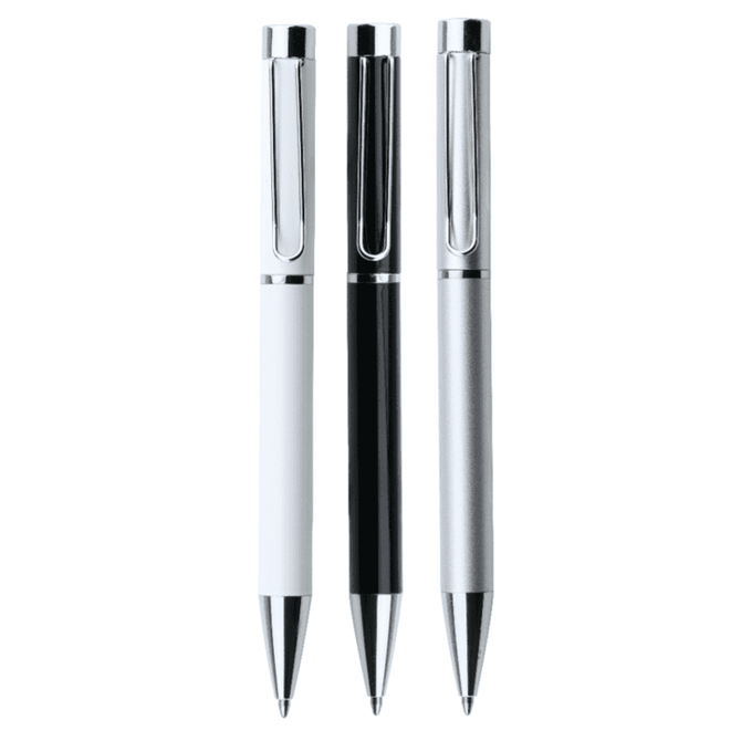 A set of three metal pens in white, black, and silver, each featuring a clip and a shiny chrome tip.