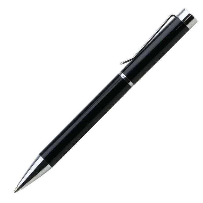 A black metal pen with a shiny silver clip and trim, featuring a sleek design and branding.