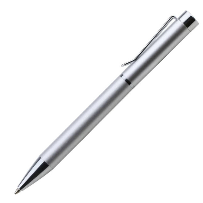 A metal pen in silver with a chrome tip and clip, featuring a sleek and modern design.