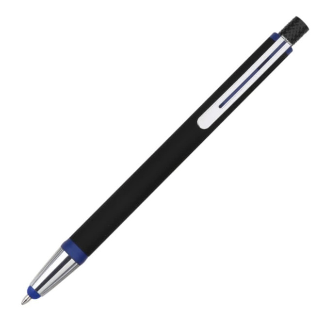 A black stylus pen with a blue accent and a textured tip, featuring a clip and a logo.