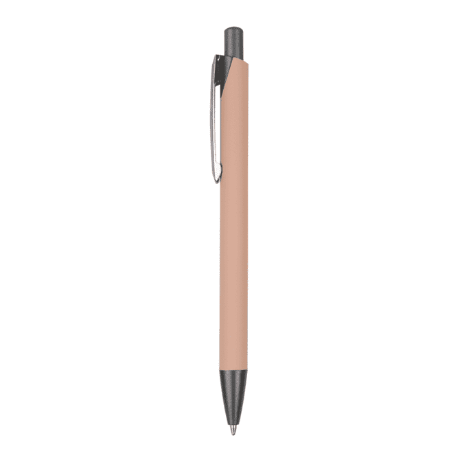 A metal pen in a soft pink colour with a silver clip and tip, featuring a logo.