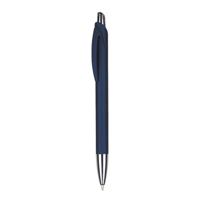 A plastic pen in navy blue with a sleek design and a metallic tip, featuring a clip for attachment.