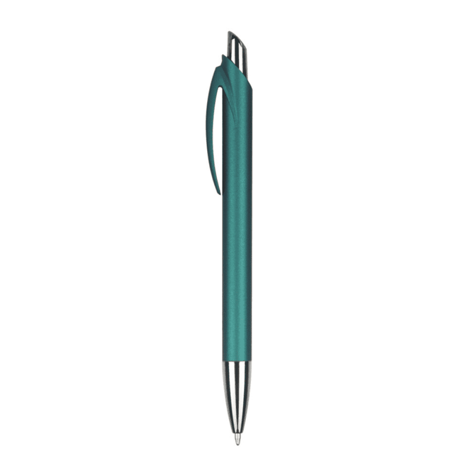 A teal plastic pen with a silver nib and clip, featuring a sleek design and a logo.