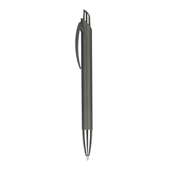 A grey plastic pen with a sleek design and a silver clip, featuring a logo on the barrel.