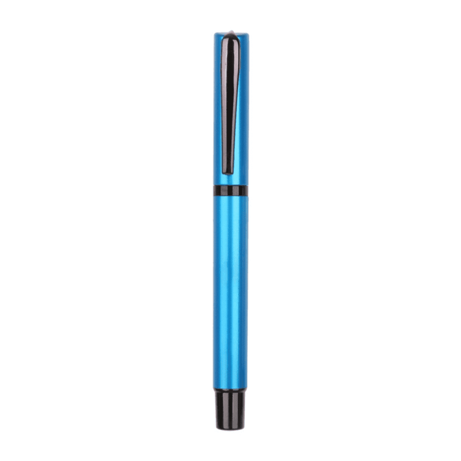 A blue plastic pen with a black clip and accents. The pen has a sleek, cylindrical design and a branding logo.