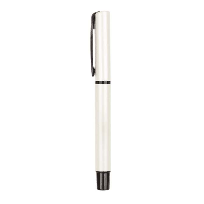 An Avalanche pen in cream with a black trim and a clip, featuring a sleek, minimalist design.