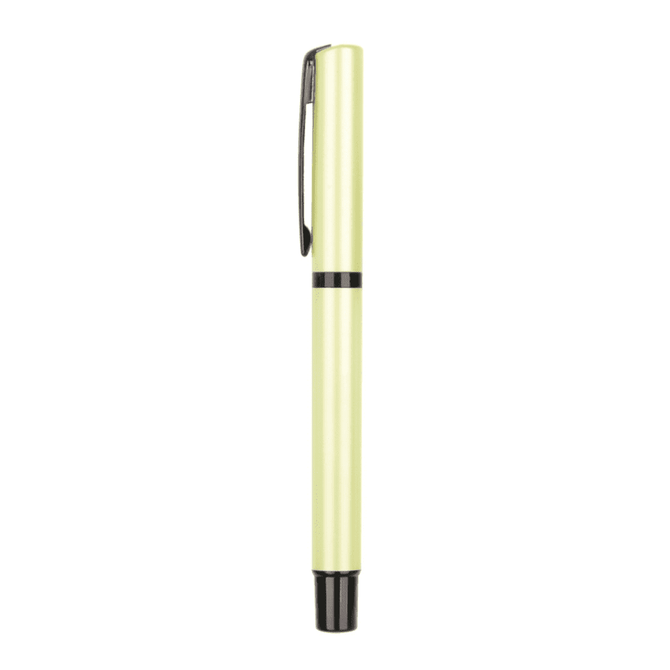 A plastic pen in a light yellow hue with a black clip and tip, featuring a simple design.