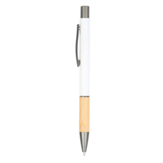 A metal pen with a white barrel and bamboo grip, featuring a clip and silver accents. Includes branding.