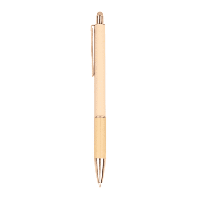 A wooden pen in a creamy white colour with gold accents and a clip. It features a sleek, minimalistic design.