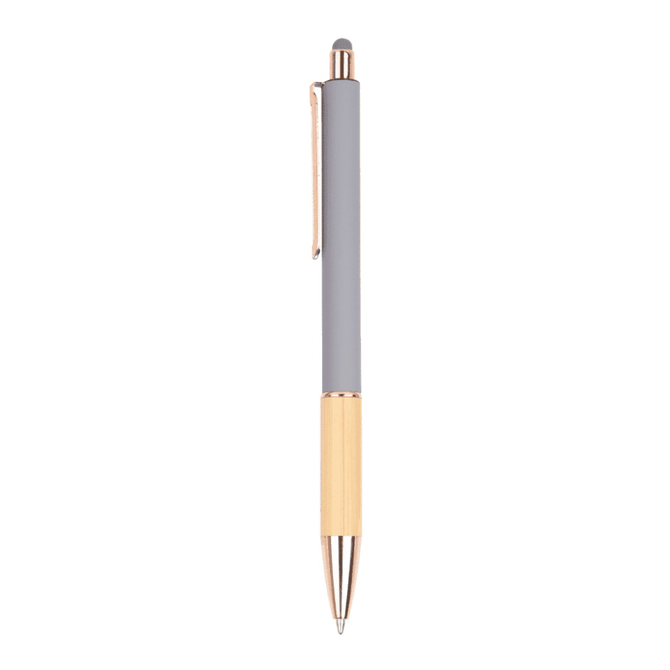 A wooden pen with a gold and grey design, featuring a shiny gold clip and tip. It has a logo on the barrel.