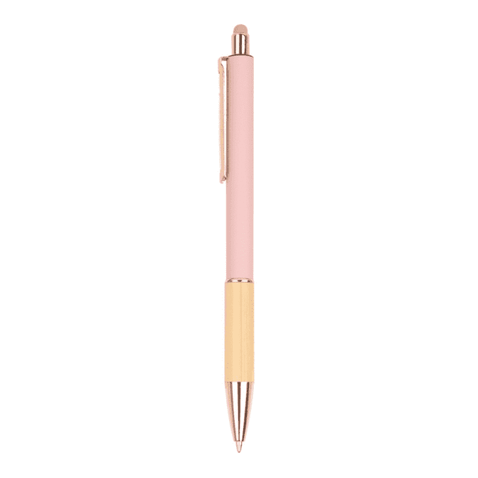 A wooden pen featuring a pink body with a gold clip and tip. The pen also has a logo.