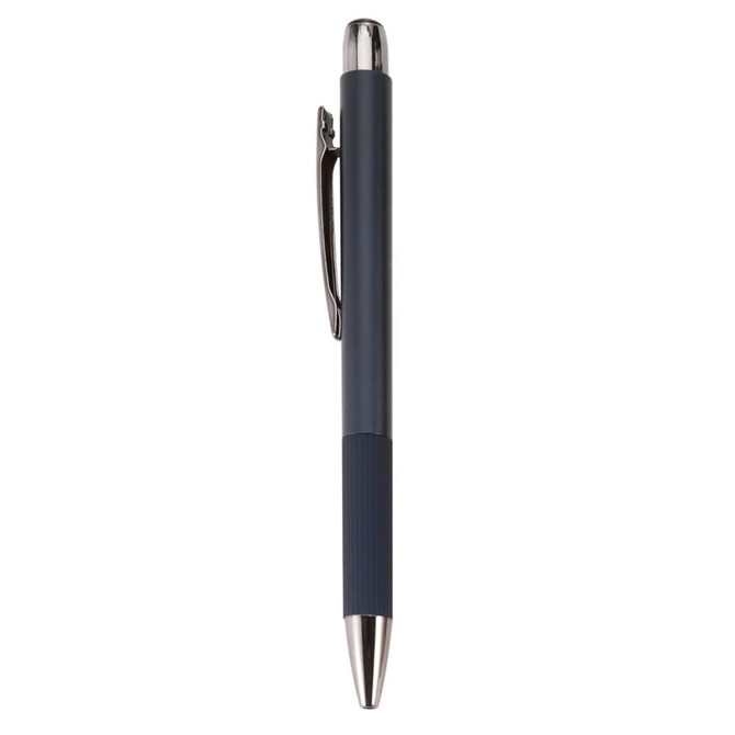 A metal pen in dark blue with a chrome clip and tip, featuring a textured grip. It has a logo on the side.