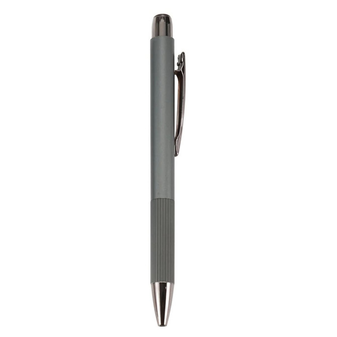 A metal pen in a sleek grey design with a shiny silver tip and clip. It features a textured grip for comfort.