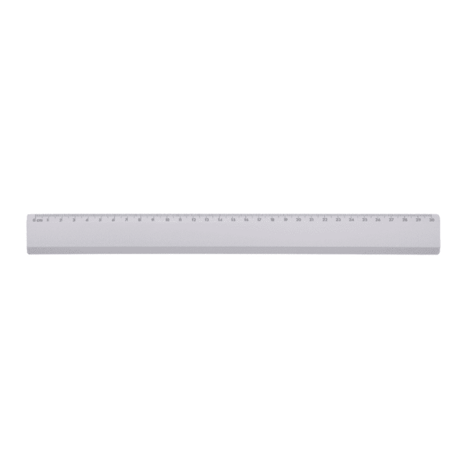 A grey ruler with measurement markings, featuring a smooth surface and a branding logo.