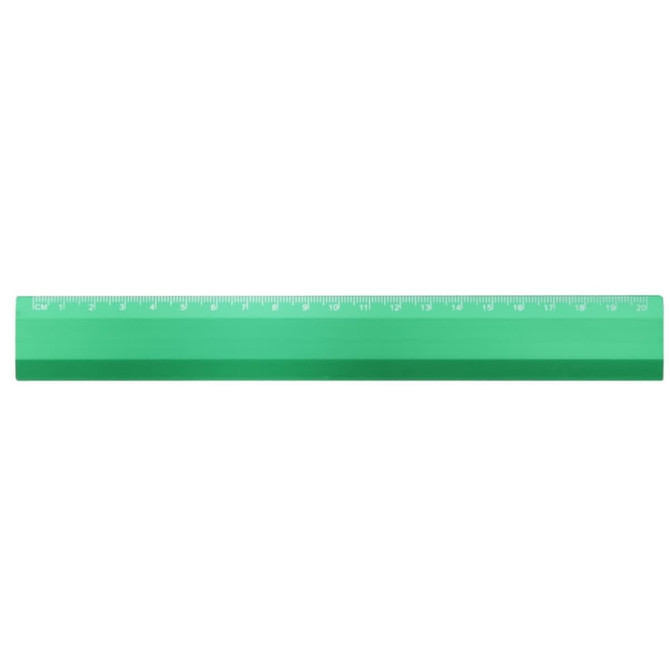 A green plastic ruler with measurement markings along one edge and a logo on one side.