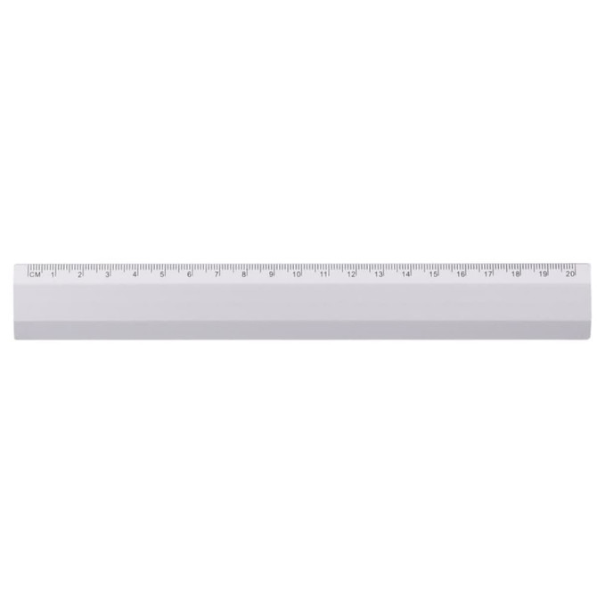 A clear plastic ruler in white, featuring measurement markings up to 20cm, with a simple design and a logo.