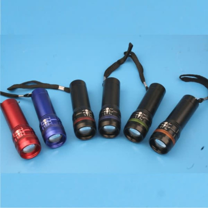 A set of six flashlights in red, blue, black, green, and brown, each with a strap.