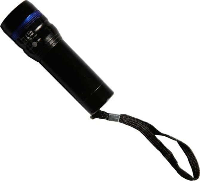A flashlight in black with a blue accent, featuring a wrist strap for easy handling.
