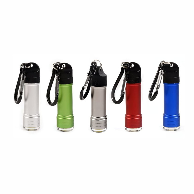 A collection of five torchlights in silver, green, black, red, and blue, each with a carabiner attachment.