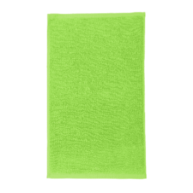 A bright green gym towel with a textured surface, featuring a logo at one corner.