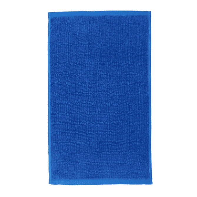 A blue gym towel with a textured surface and a solid border. It features a logo in one corner.