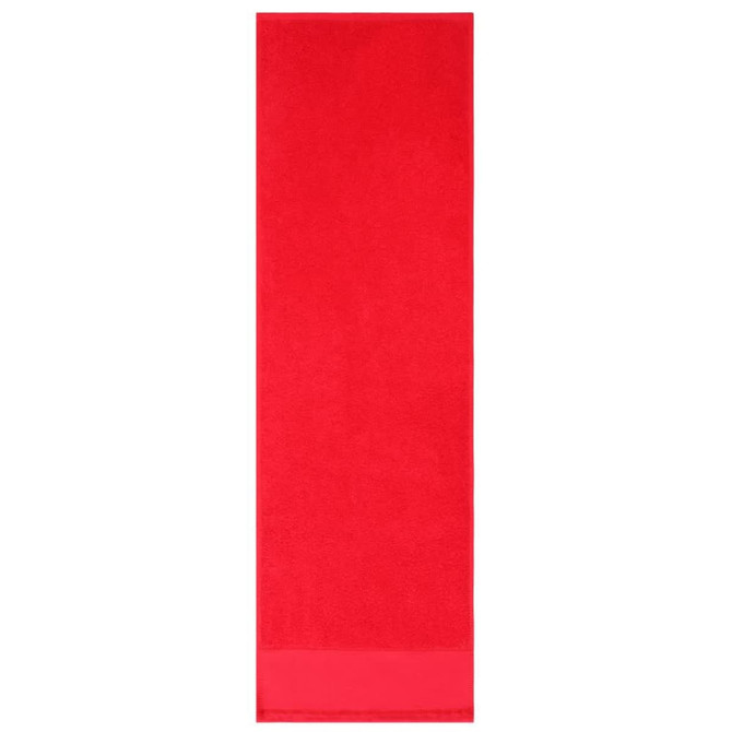 A bright red cotton gym towel with a smooth texture and a logo. Ideal for leisure and outdoor activities.