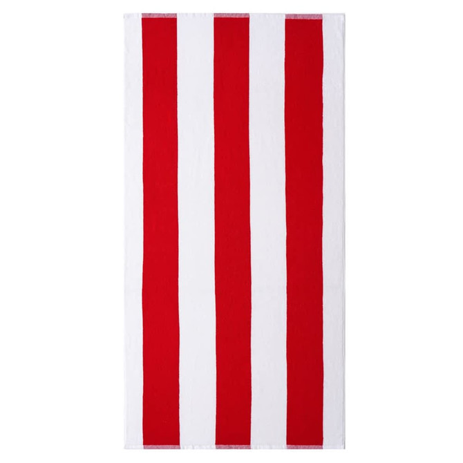 A striped blanket featuring alternating red and white vertical stripes, with a visible logo in one corner.