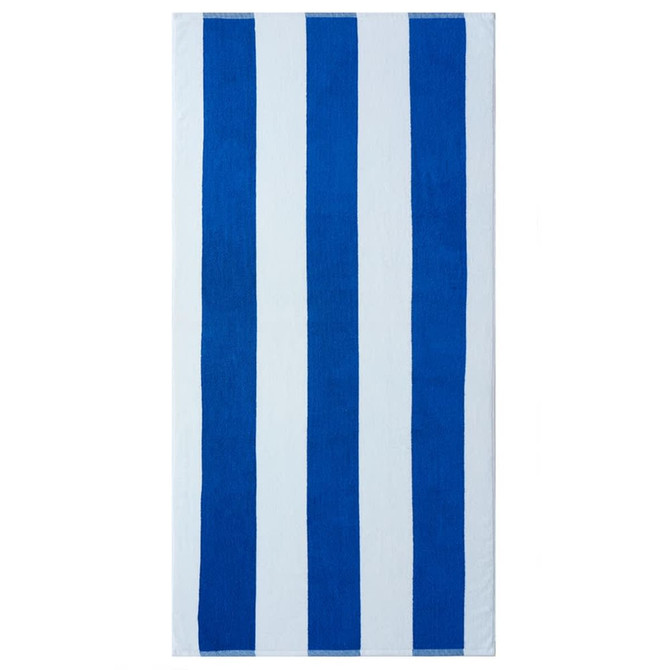 A striped blanket featuring alternating blue and white stripes, with a logo present on the design.