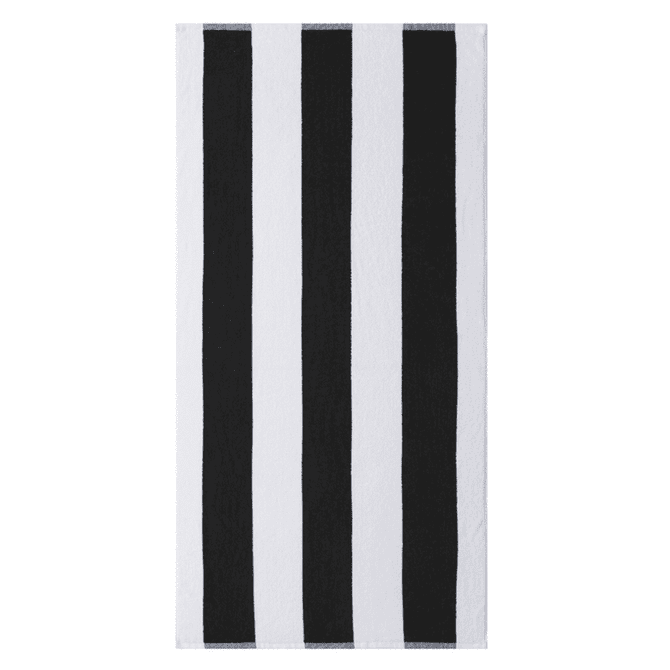 A striped blanket with alternating black and white vertical stripes, featuring a simple design and branding.