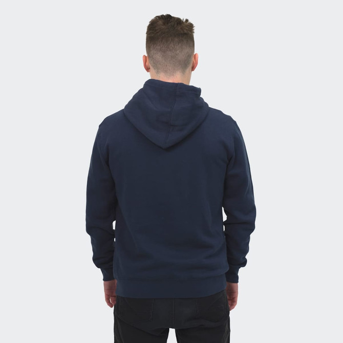 A navy unisex hoodie with a hood, featuring a branding logo at the back.