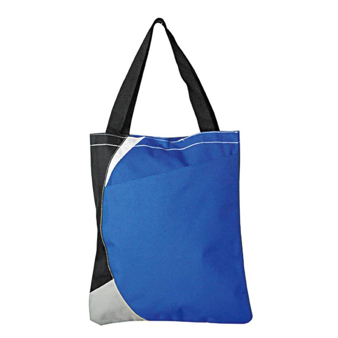 A blue and black tote bag with a curved design and long handles. It features a logo on one side.