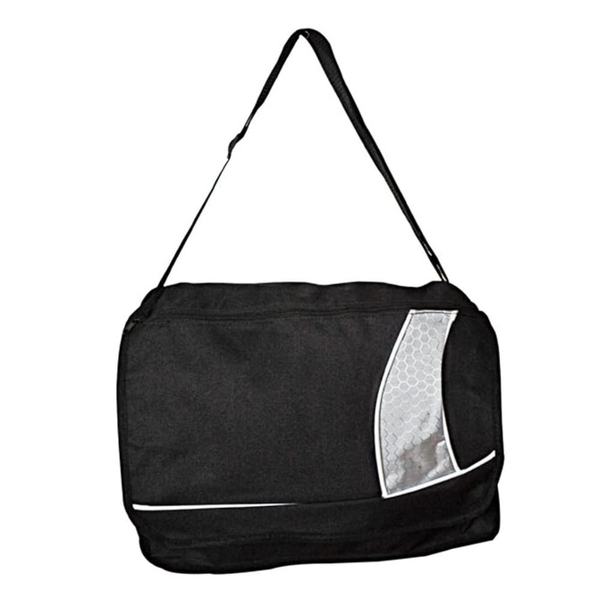A black shoulder bag with a textured design and a long strap, featuring a logo on the front.