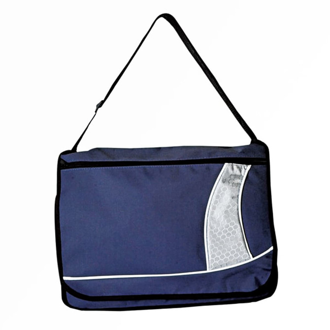 A messenger bag in navy blue with a sleek design and a textured panel, featuring a black shoulder strap.