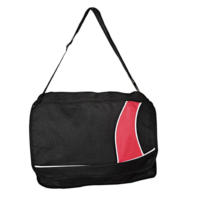 A black shoulder bag with a red accent and white detailing, featuring a single adjustable strap and a zippered compartment.
