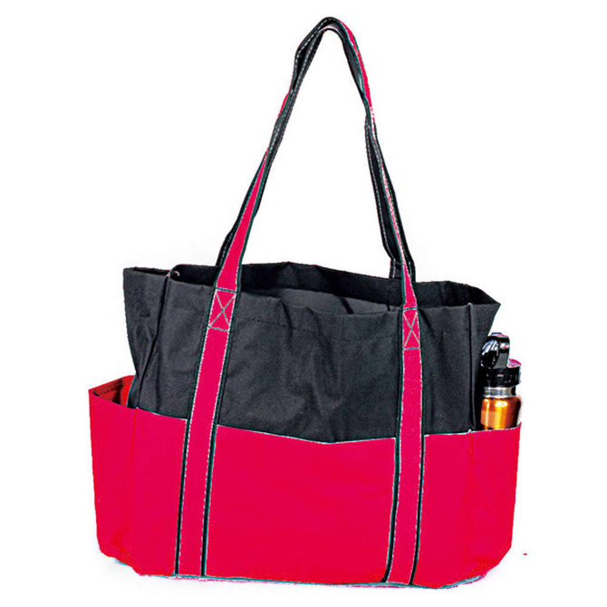 A black and red bag with multiple pockets and straps, featuring a drink bottle in one of the side pockets.