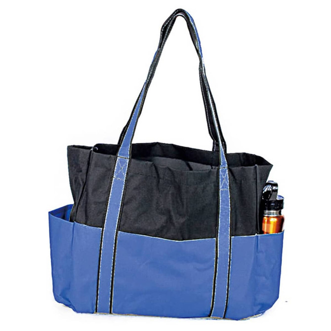 A black and blue tote bag with two handles, featuring an external pocket containing a drink bottle.