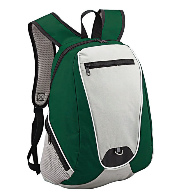 A backpack featuring a green and grey design, with padded straps and a front zip pocket. It has a logo on the front.