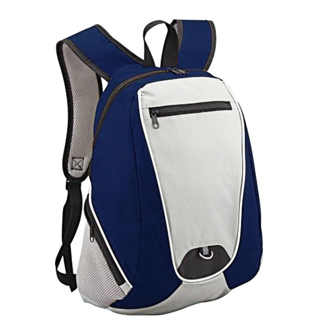 A backpack featuring a combination of navy blue and white colours, with adjustable straps and multiple compartments.