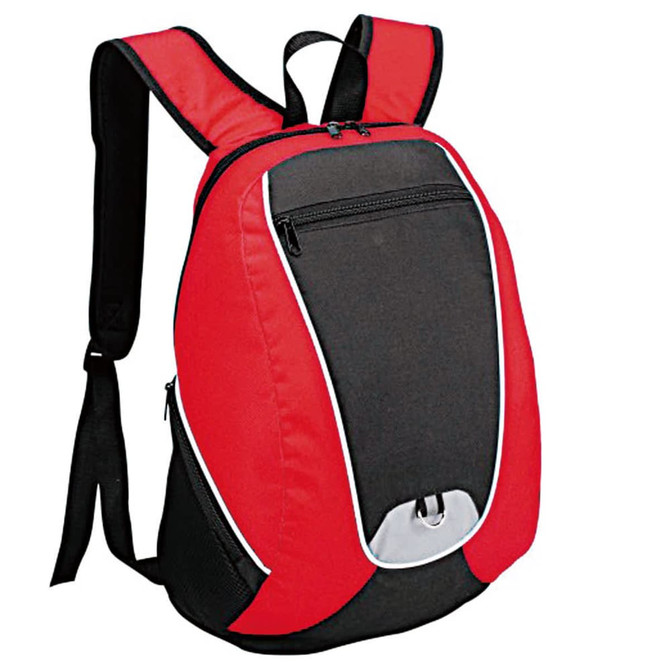 A backpack featuring a black body with red accents and a front zip pocket. It has adjustable black straps and a simple design.