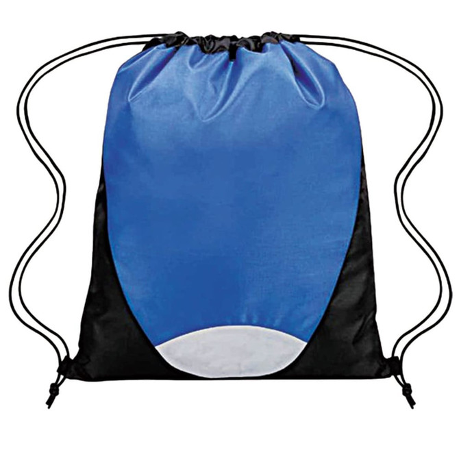 A drawstring backpack featuring a blue top section and a black bottom, with a white accent at the base.